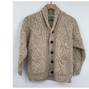 Aran Crafts Cardigan Mens XS/Small Beige Flecked 100% Merino Wool Shawl Collar